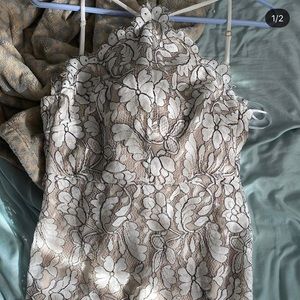 white and tan lace dress